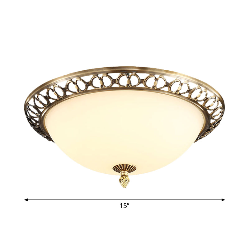 Antique Style Brass Finish 2-Head Ceiling Mount Light With Frosted Glass Dome - 13/15/19.5 Wide