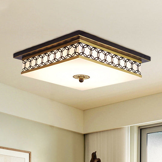 Traditional LED Flush Light: Milky Glass Square Ceiling Fixture, Black & Gold