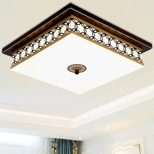 Traditional LED Flush Light: Milky Glass Square Ceiling Fixture, Black & Gold