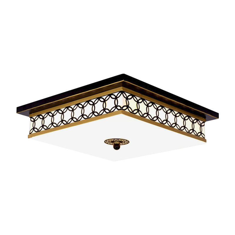 Traditional LED Flush Light: Milky Glass Square Ceiling Fixture, Black & Gold