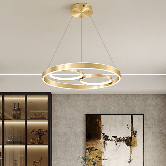 Golden Metallic LED Chandelier Light for Dining Room - Simplicity 3-Ring Ceiling Hang Fixture - Warm/White Light