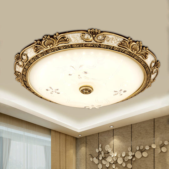 Country-Style Veined Glass Dome Flush Mount Lamp - LED Parlour Ceiling Flush Fixture in Brass with Warm/White Light, Available in 13"/16"/19.5" Widths