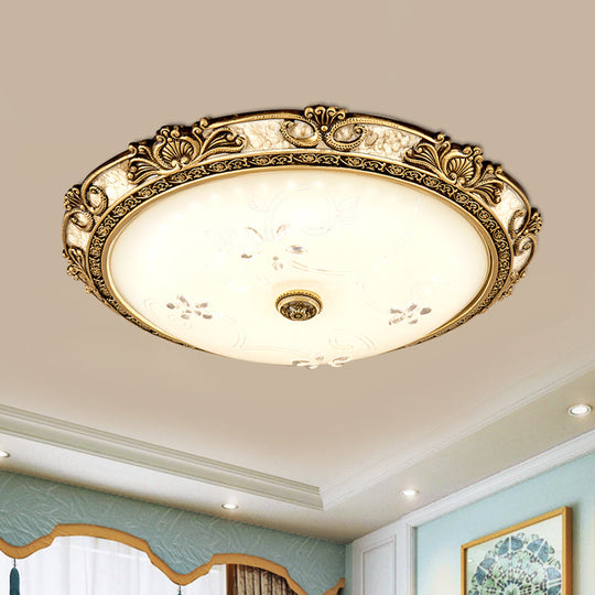 Country-Style Veined Glass Dome Flush Mount Lamp - Led Parlour Ceiling Fixture In Brass With