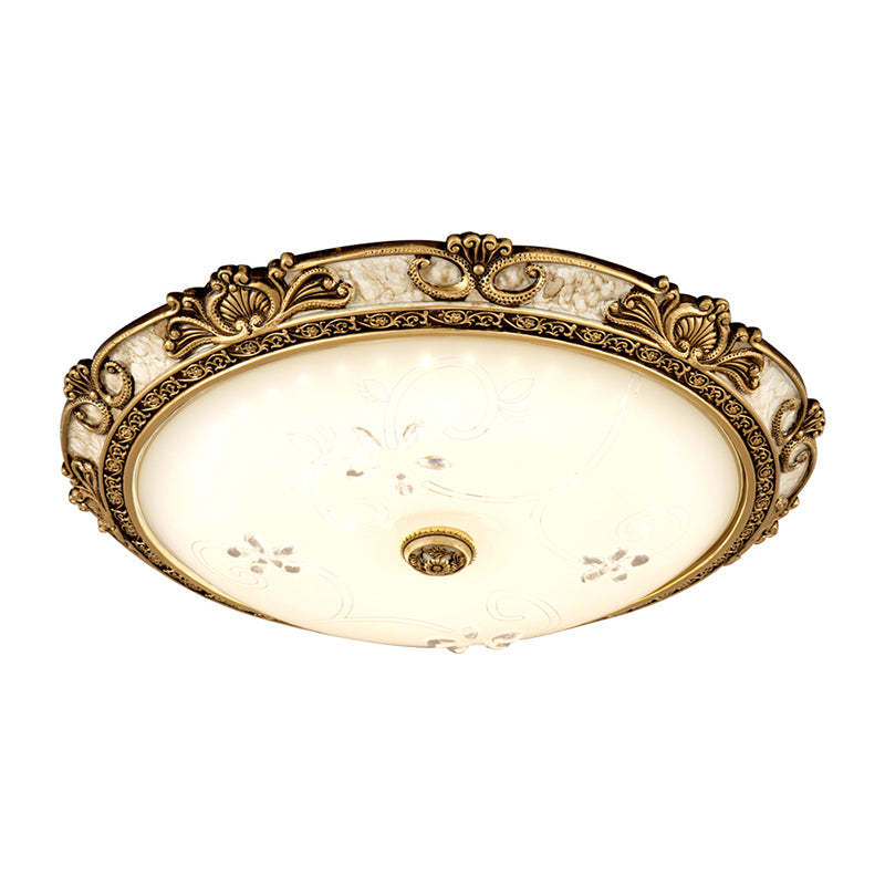 Country-Style Veined Glass Dome Flush Mount Lamp - Led Parlour Ceiling Fixture In Brass With