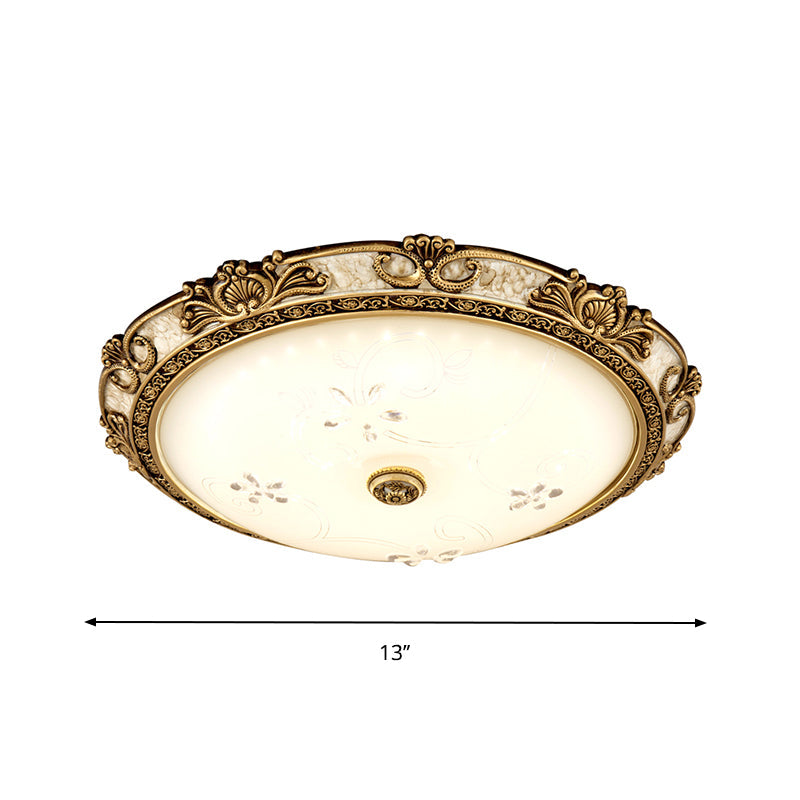 Country-Style Veined Glass Dome Flush Mount Lamp - Led Parlour Ceiling Fixture In Brass With