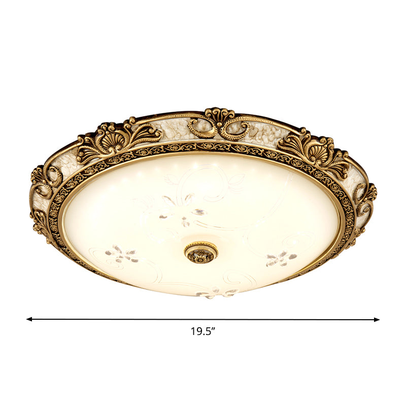 Country-Style Veined Glass Dome Flush Mount Lamp - LED Parlour Ceiling Flush Fixture in Brass with Warm/White Light, Available in 13"/16"/19.5" Widths