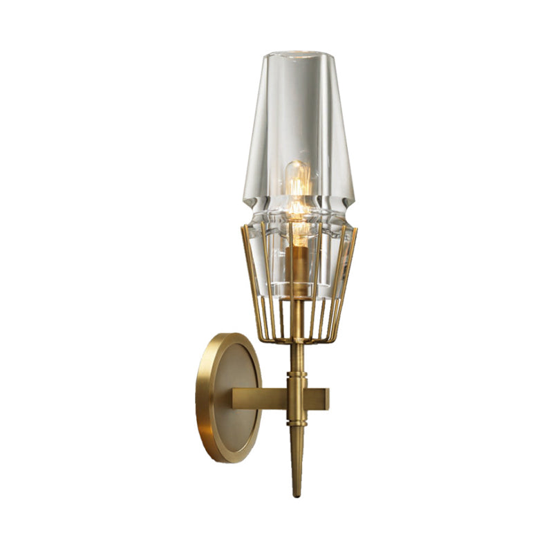 Modern Clear Glass Wall Sconce Tapered Design Gold Finish 1/2 Mount Lights