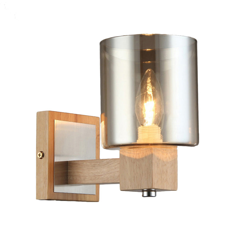 Vintage 1-Light Wall Mount Lamp With Smoke Glass Shade - Natural Wood Cylindrical Sconce Fixture