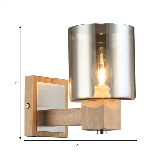 Vintage 1-Light Wall Mount Lamp With Smoke Glass Shade - Natural Wood Cylindrical Sconce Fixture