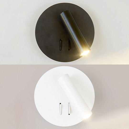 Sleek Metallic Led Tube Wall Sconce With Round Backplate For Living Room - Black/White Warm/White