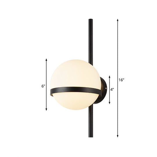 Modern Black/Gold Vertical Wall Sconce With Orbit Opal Glass Shade - 1 Head Metal Lamp 6/8 Width