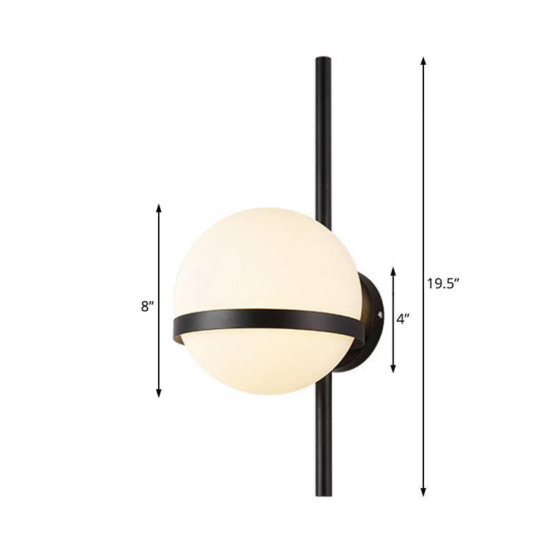 Modern Black/Gold Vertical Wall Sconce With Orbit Opal Glass Shade - 1 Head Metal Lamp 6/8 Width