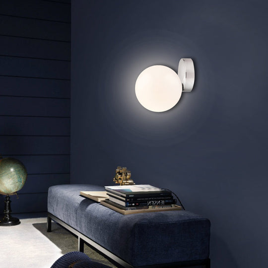 6/8 Round Ball Wall Sconce Modern Style Milk Glass Living Room Light Mounted Lamp With Silver Finish