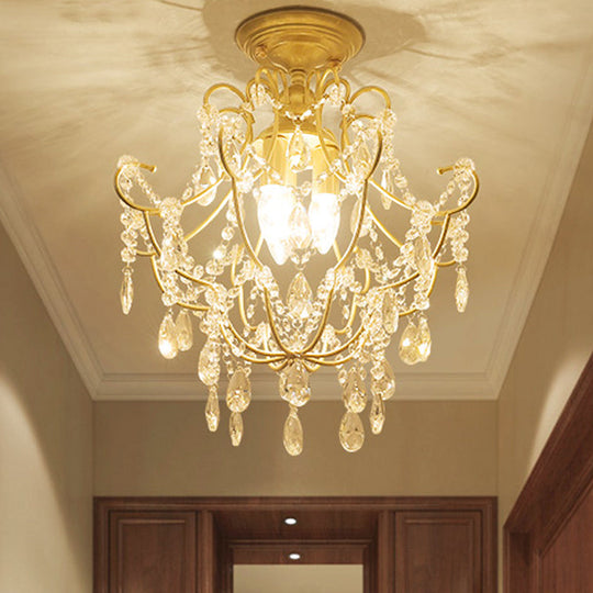 Contemporary Crystal 3-Headed Gold Semi Flush Ceiling Light with Swooping Arms - Porch Flush