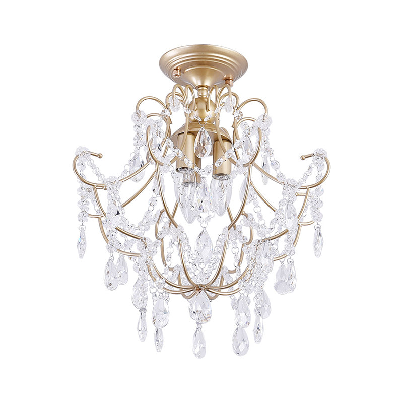 Contemporary Crystal 3-Headed Gold Semi Flush Ceiling Light with Swooping Arms - Porch Flush