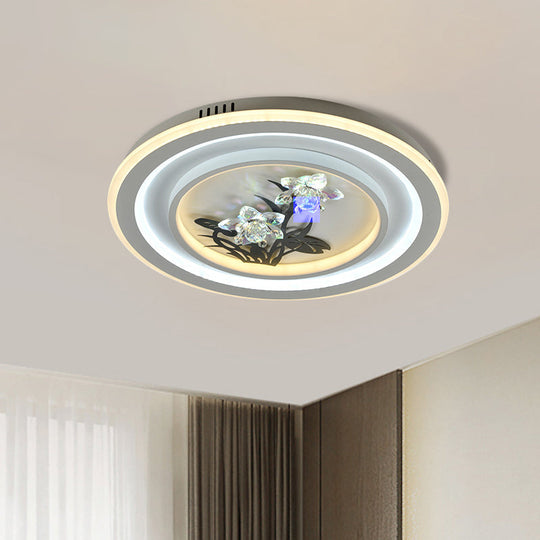 Contemporary LED Metal Ceiling Fixture: White Round/Square Flush Mount Lamp with Crystal Flower Deco