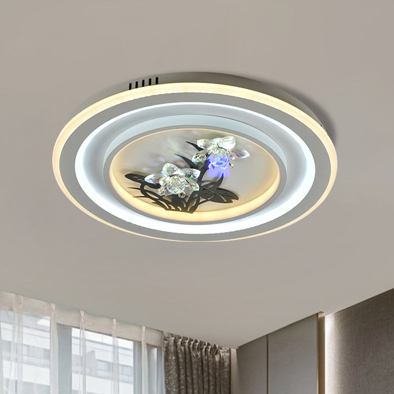 Contemporary LED Metal Ceiling Fixture: White Round/Square Flush Mount Lamp with Crystal Flower Deco