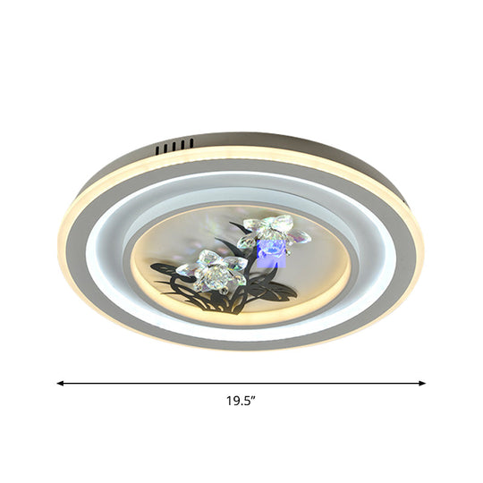 Contemporary LED Metal Ceiling Fixture: White Round/Square Flush Mount Lamp with Crystal Flower Deco