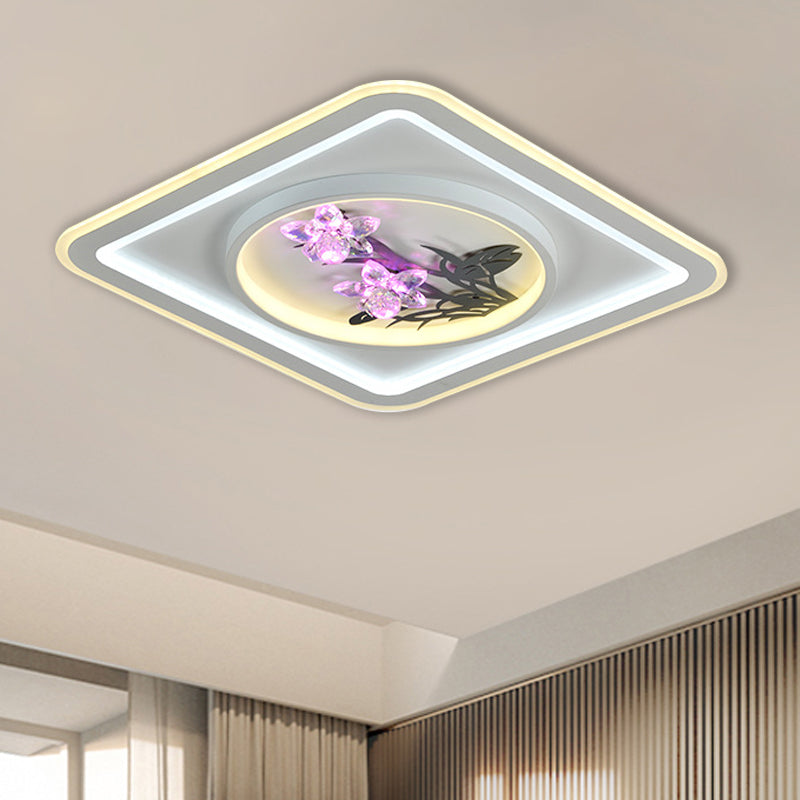 Contemporary LED Metal Ceiling Fixture: White Round/Square Flush Mount Lamp with Crystal Flower Deco