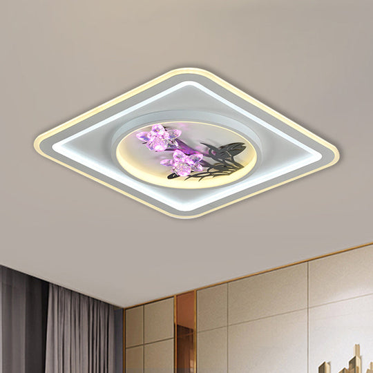 Contemporary LED Metal Ceiling Fixture: White Round/Square Flush Mount Lamp with Crystal Flower Deco