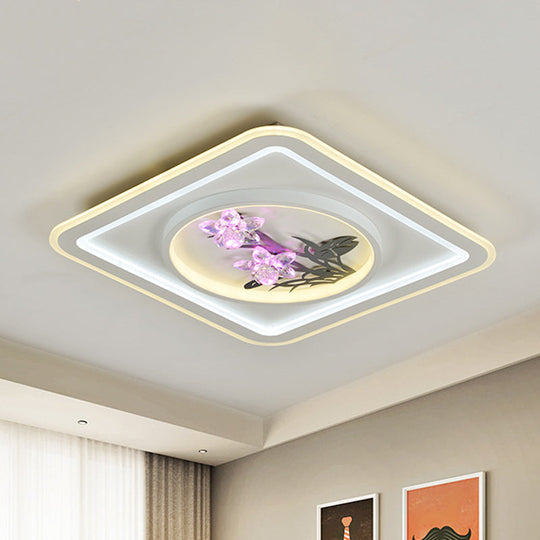 Contemporary LED Metal Ceiling Fixture: White Round/Square Flush Mount Lamp with Crystal Flower Deco