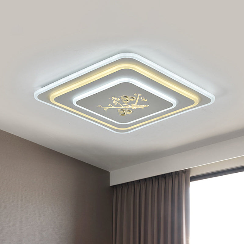 Modern Crystal Led Ceiling Lamp White Flush Mount For Dining Room / Square Plate