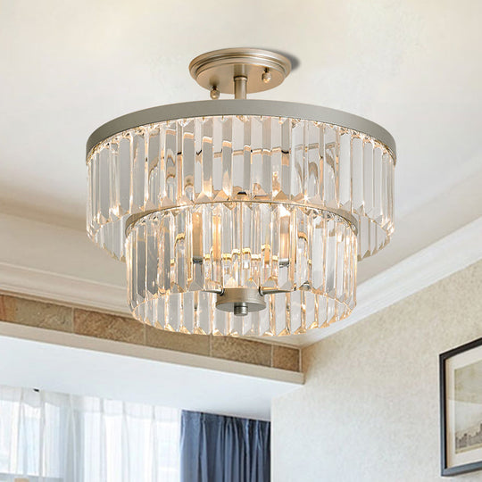 Crystal 2-Tier Cylinder Semi Flush Light - Modern Ceiling Lamp for Dining Room