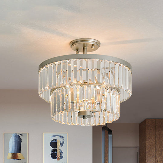 Crystal 2-Tier Cylinder Semi Flush Light - Modern Ceiling Lamp for Dining Room