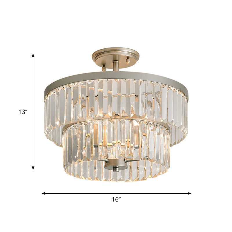 Crystal 2-Tier Cylinder Semi Flush Light - Modern Ceiling Lamp for Dining Room