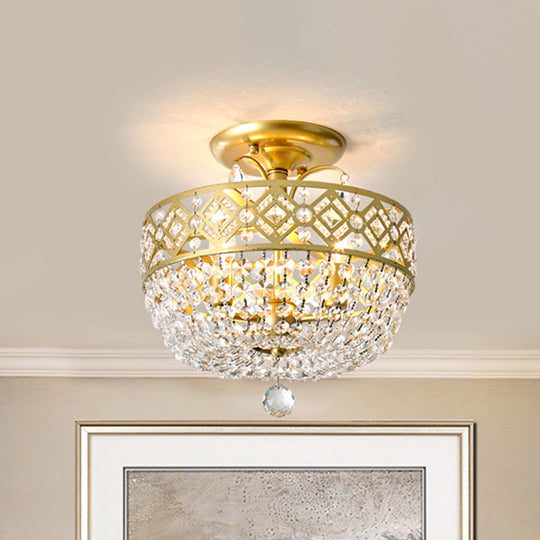 Contemporary Gold Light Fixture with Crystal Balls - 3 Heads, Porch Semi-Flush Mount