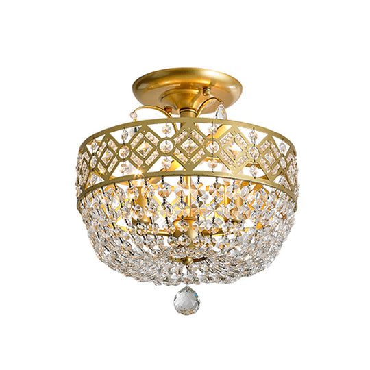 Contemporary Gold Light Fixture with Crystal Balls - 3 Heads, Porch Semi-Flush Mount