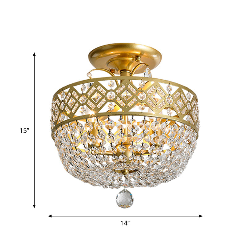 Contemporary Gold Light Fixture with Crystal Balls - 3 Heads, Porch Semi-Flush Mount