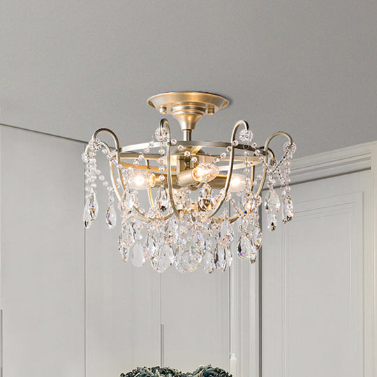 Gold Raindrop Crystal Ceiling Fixture with 4 Bulbs for Traditional Drawing Rooms