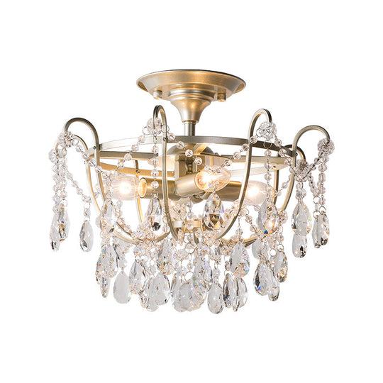 Gold Raindrop Crystal Ceiling Fixture with 4 Bulbs for Traditional Drawing Rooms