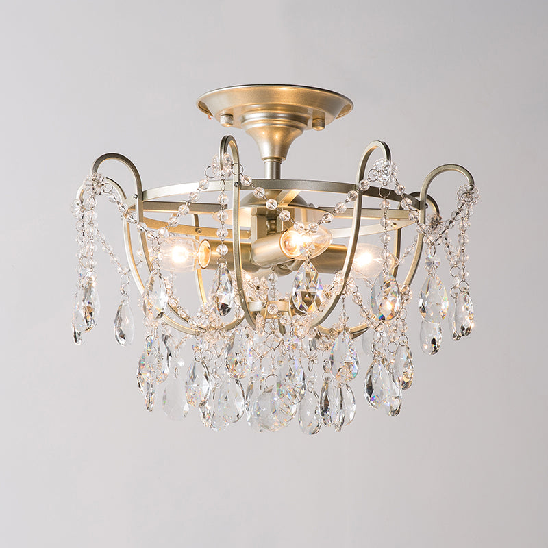 Gold Raindrop Crystal Ceiling Fixture with 4 Bulbs for Traditional Drawing Rooms