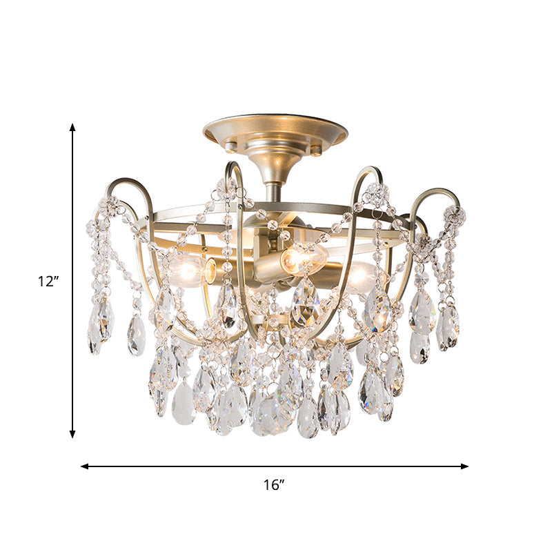 Gold Raindrop Crystal Ceiling Fixture with 4 Bulbs for Traditional Drawing Rooms