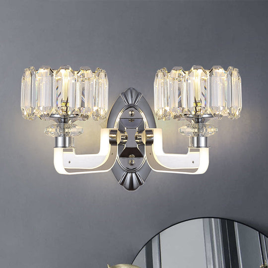 Modern Crystal Drum Wall Lamp With 2 Bulbs - Elegant Bedchamber Light Fixture