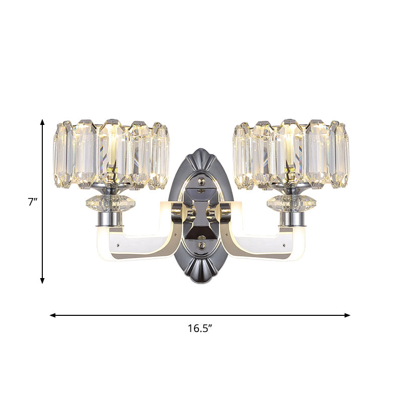 Modern Crystal Drum Wall Lamp With 2 Bulbs - Elegant Bedchamber Light Fixture