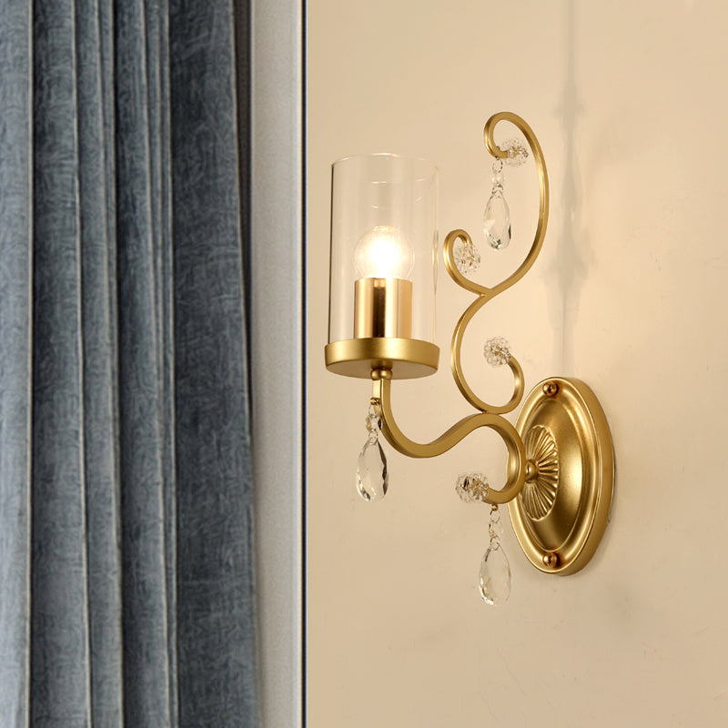 Contemporary Gold Cylinder Glass Wall Sconce Light For Sleeping Room - 1/2 Heads Mounted Lamp