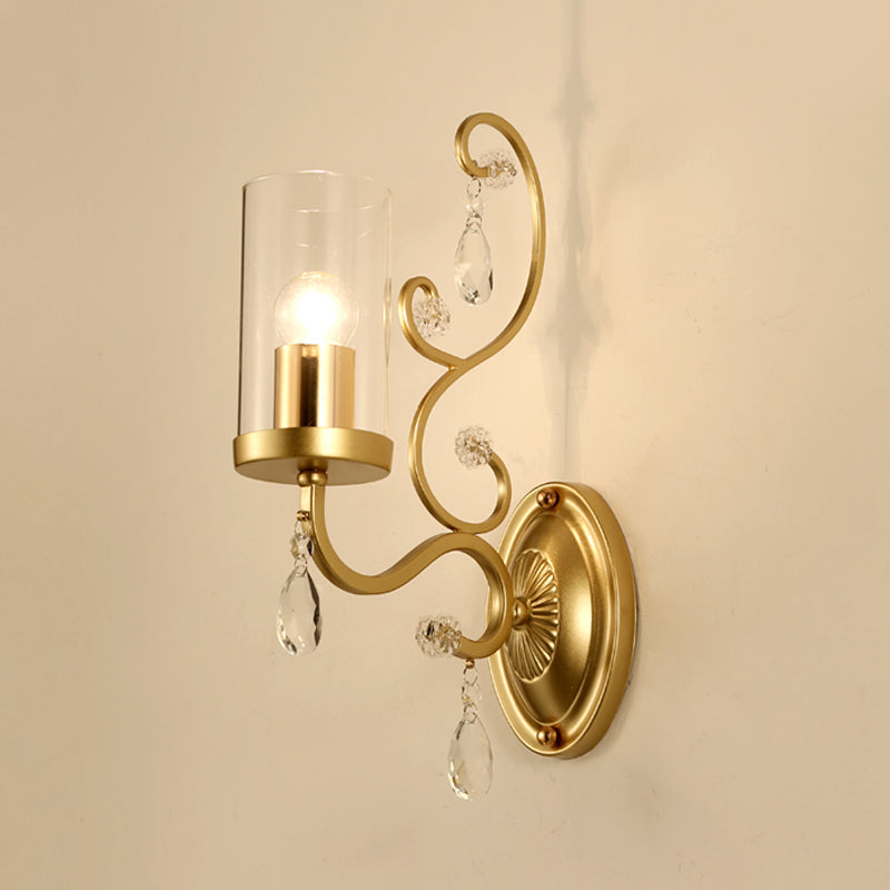 Contemporary Gold Cylinder Glass Wall Sconce Light For Sleeping Room - 1/2 Heads Mounted Lamp