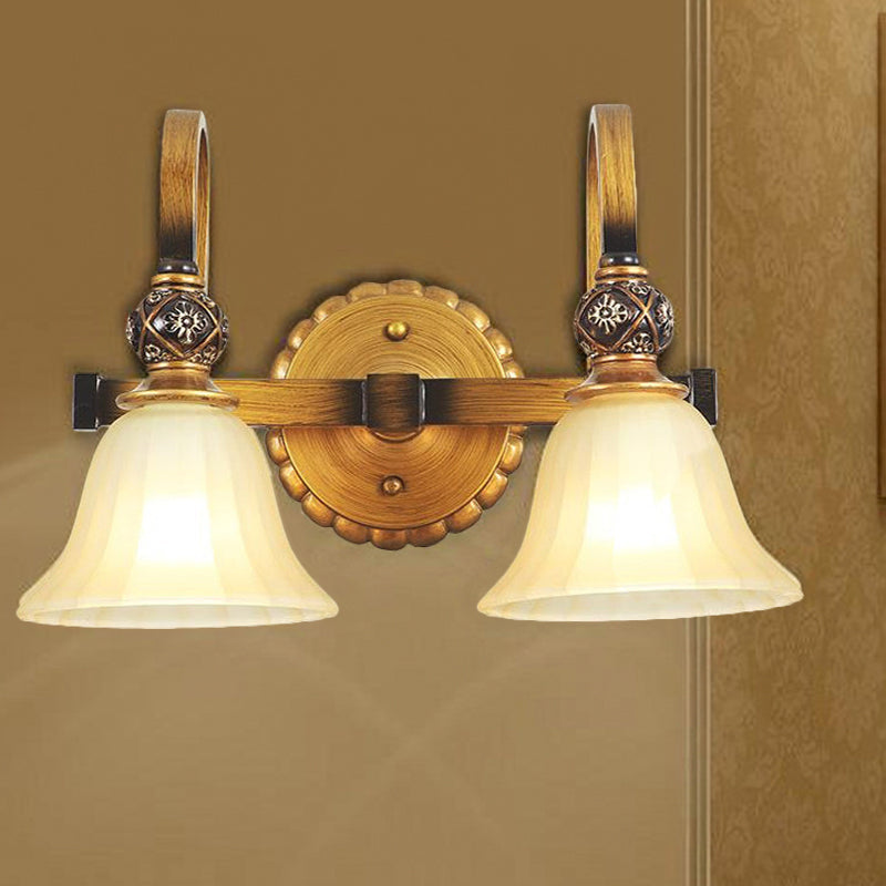 Brass Carillon Wall Lamp: Frosted Glass 2-Head Sconce Traditional Corridor Light