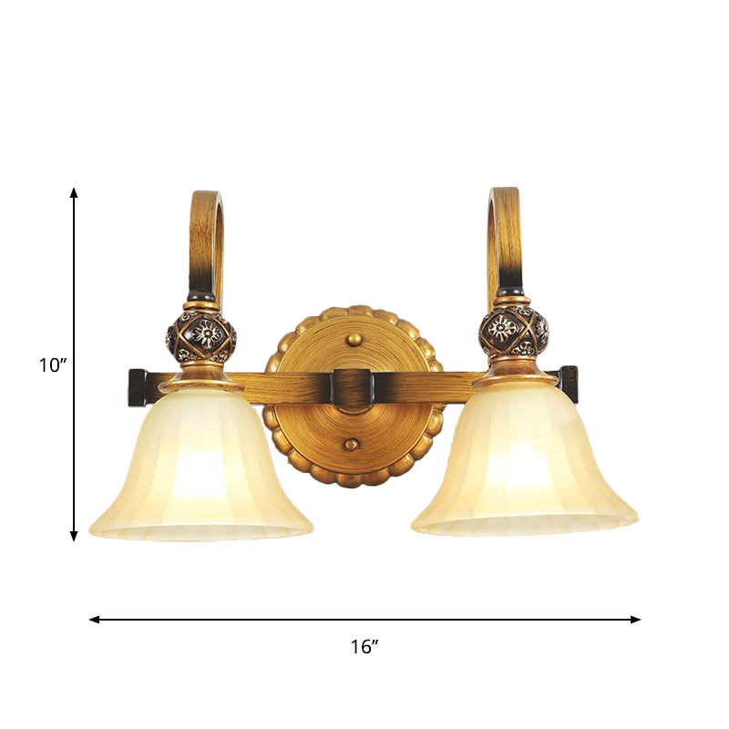 Brass Carillon Wall Lamp: Frosted Glass 2-Head Sconce Traditional Corridor Light