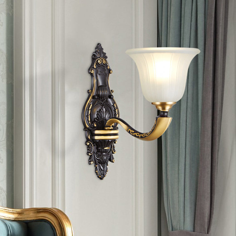 Vintage Black And Gold Frosted White Glass Wall Sconce For Bedroom - 1/2-Bulb Bell Mount Light 1 /