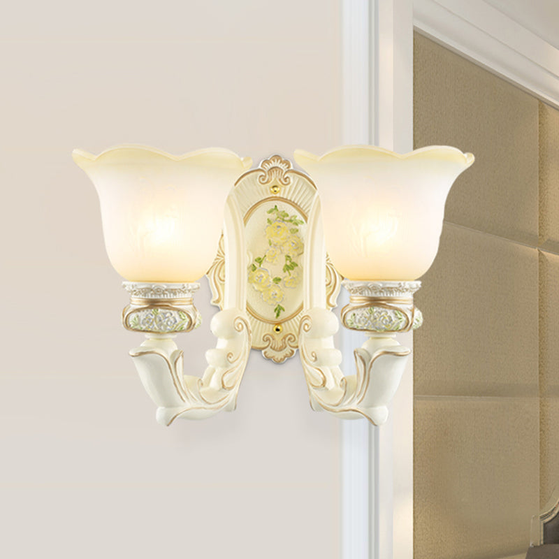 Vintage Bell Cream Glass Wall Sconce With 2 Bulbs - White Bedroom Lighting