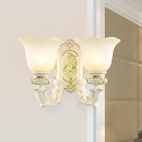 Vintage Bell Cream Glass Wall Sconce With 2 Bulbs - White Bedroom Lighting