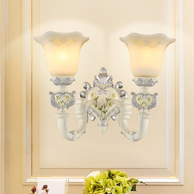 Ivory Glass Wall Sconce - Traditional White Bell Shaped Bedroom Light Kit