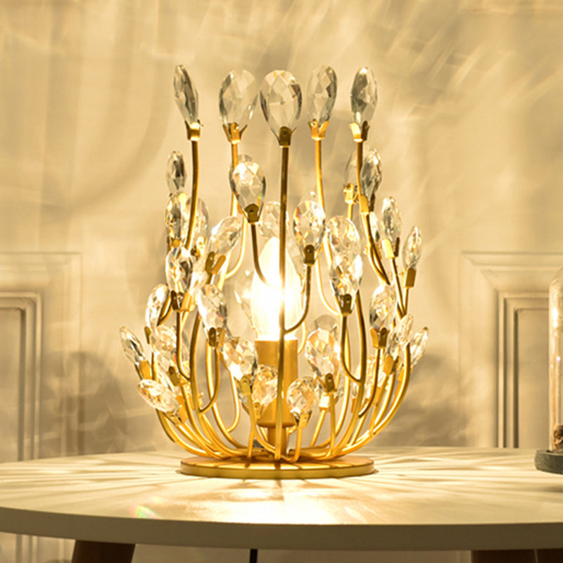 1 Gold Table Lamp With Swirled Arm Crystal Teardrops: Contemporary Bedchamber Night Light