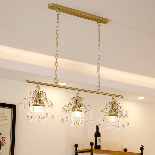 Contemporary Gold Island Chandelier With Crystal Raindrop Accents - 3 Heads Scroll Frame Design