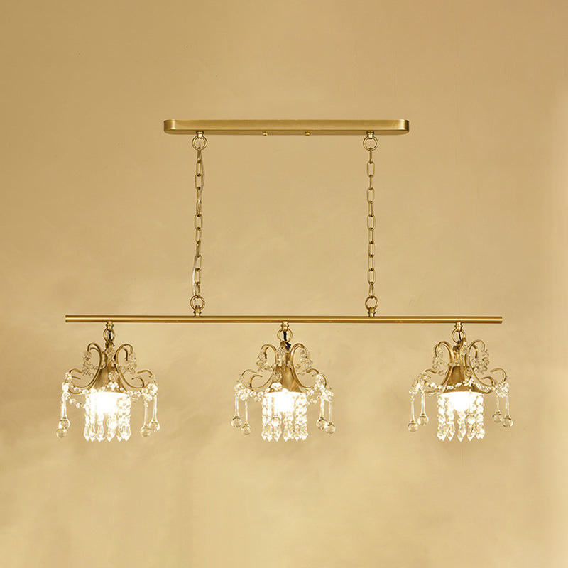 Contemporary Gold Island Chandelier With Crystal Raindrop Accents - 3 Heads Scroll Frame Design