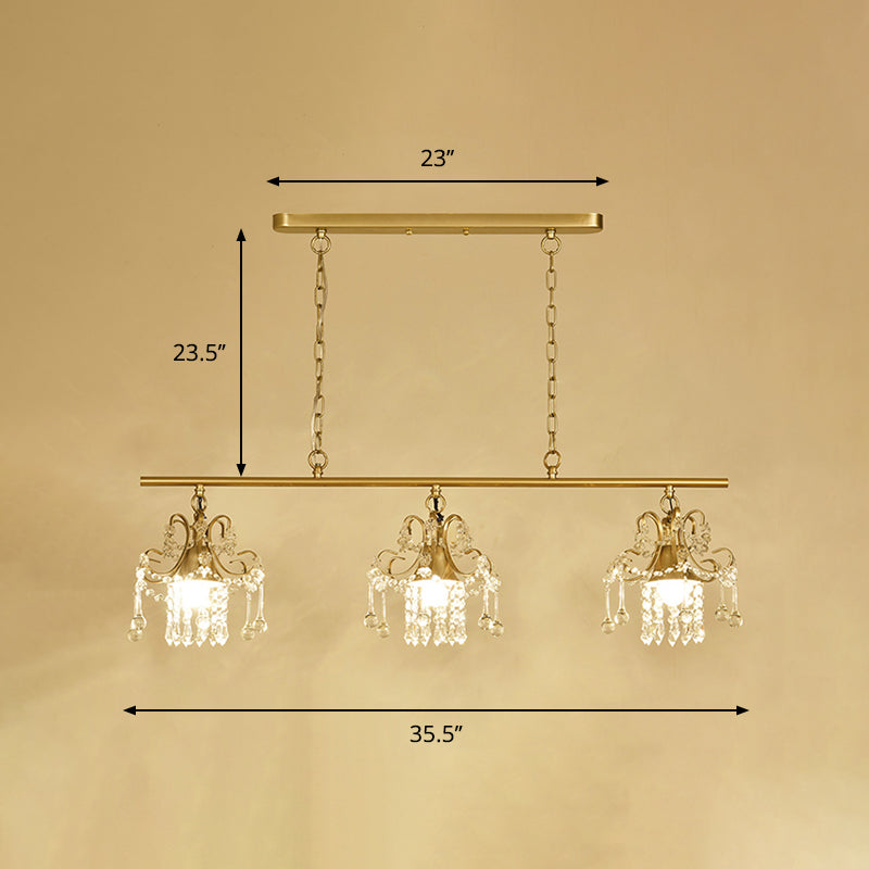 Contemporary Gold Island Chandelier With Crystal Raindrop Accents - 3 Heads Scroll Frame Design